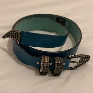 Vintage Blue Leather Belt with Silver Snake Buckle
